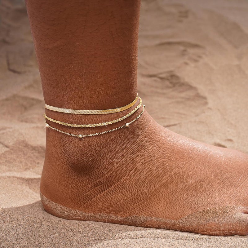 MFRYK Gold Ankle Bracelets for women,14k Gold/Silver Plated Waterproof Layered lightweight Cuban Link Figaro Chain Heart anklet butterfly anklet Pearl Ankle Bracelets Set Gold Anklets for women Trendy Jewelry Gift for Women - Image 3